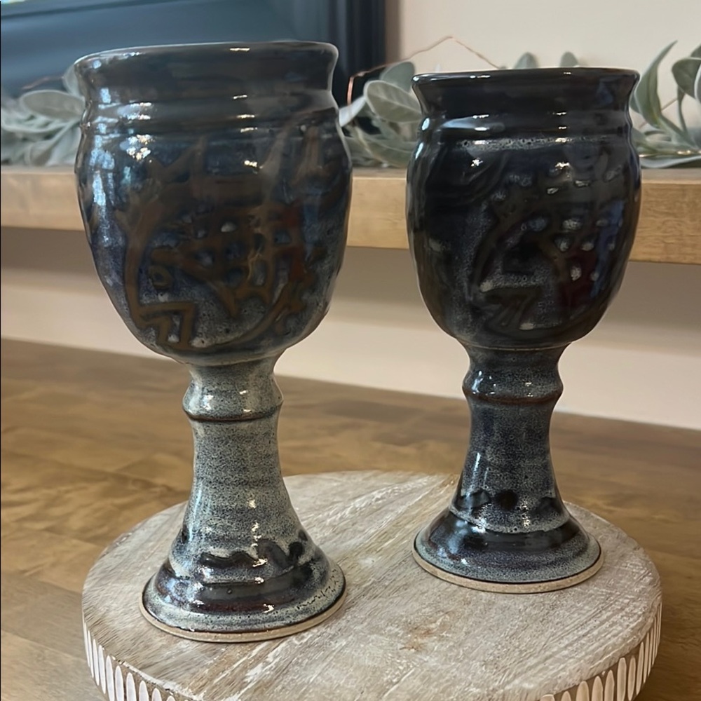 Handcrafted Art Glazed 7” Ceramic Footed Goblets w/Fish Design